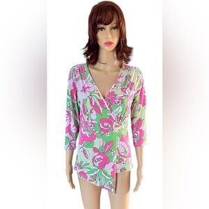 J.B. Floral V-Neck Wrap Top True Vintage in Pink and Green